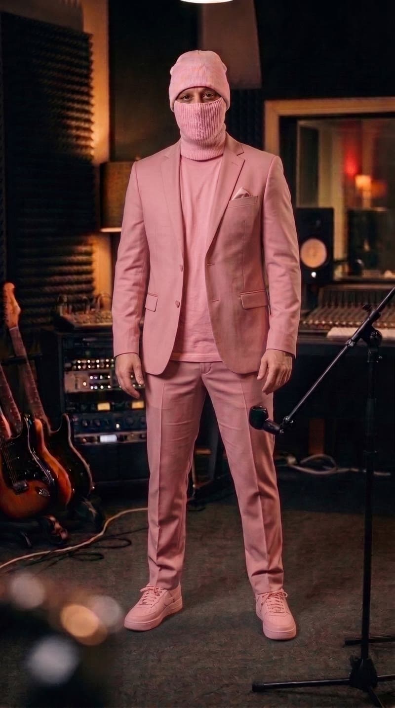 Bago en un estudio de grabación, con gorro y mascarilla de punto rosa y traje rosa