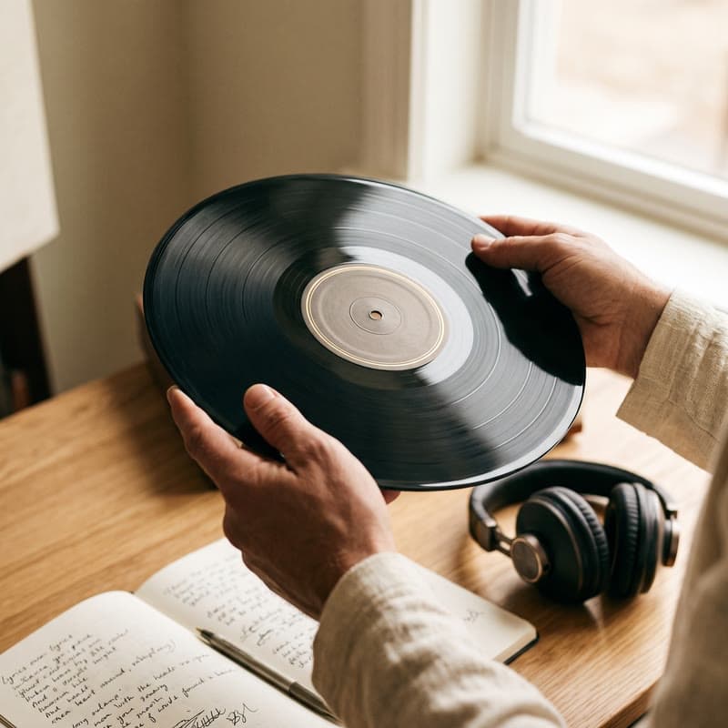 Manos sosteniendo un disco de vinilo junto a unos auriculares y un cuaderno con letras